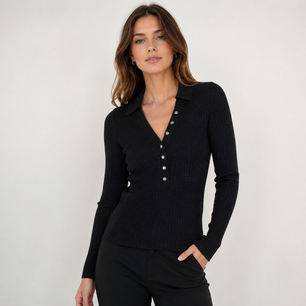 White House Black Market Black Ribbed Knit Collared Henley Sweater Size Small